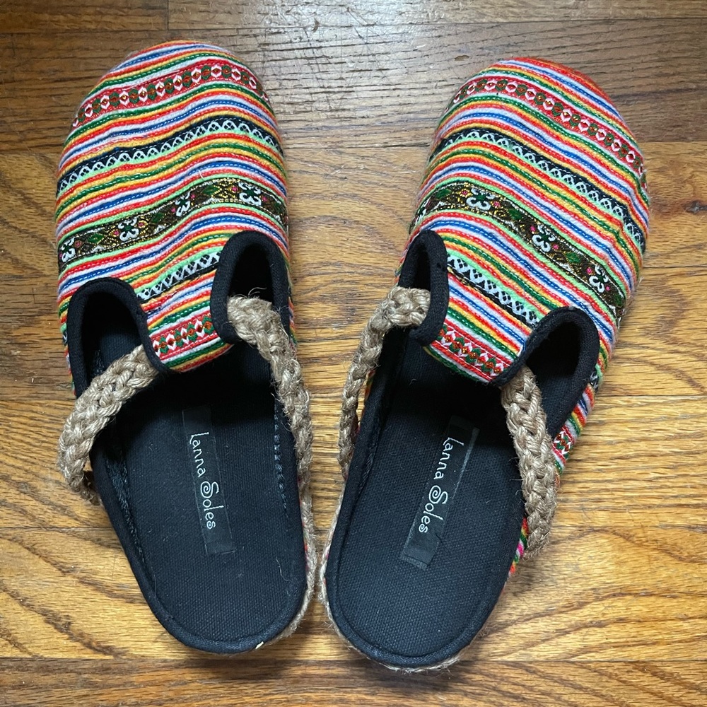 Never worn women’s yoga slide-on shoes | multi-colored slippers| size: 7.5-8